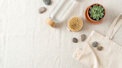 Sustainable Living Essentials: Eco-Friendly Flat Lay on Fabric Background