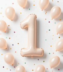 Number one made of pale color balloons and confeties, isolated on white background. realistic
