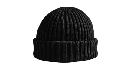 Plain black ribbed knit beanie hat, centered, against a black background