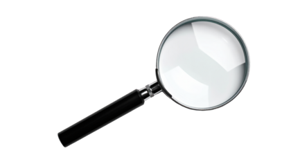A shiny magnifying glass, angled left, reveals a bright reflection on the glass