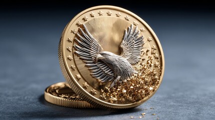 Gold coin featuring an eagle design, showcasing intricate details and textures, surrounded by sparkling gold dust, perfect for illustrating wealth and luxury in commercial photography