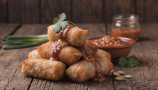 Batagor Indonesian Fried Dumplings With Peanut Sauce on Wooden Table