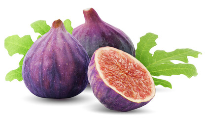 Fresh figs and green leaves isolated on white. Sweet fruit