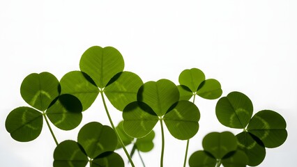 Fototapeta premium A cluster of green leaves with three leaflets on each stem against a white background