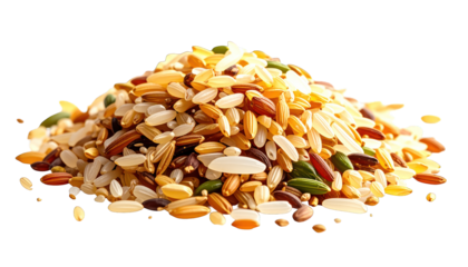 A vibrant pile of mixed grains, showcasing various colors and textures, isolated on black