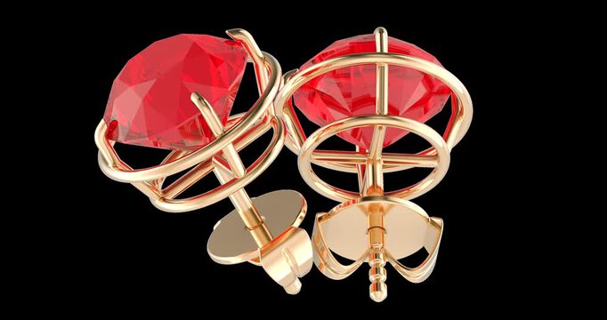 Red gemstone stud earrings in gold settings rotation animation seamlessly loopable. 3D rendering isolated on transparent background