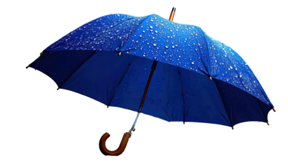 A deep blue umbrella, slightly open with rain drops, isolated on black