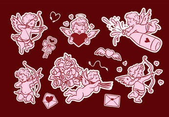 Naklejka premium Hand drawn Valentine’s Day illustration set with cute cupids and cherubs shooting arrows, holding hearts and roses. Whimsical romantic outline style, perfect for cards, stickers, invitations