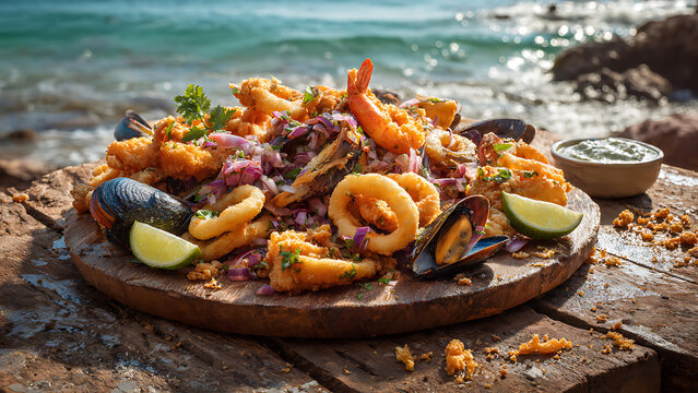 Jalea Peruvian Mixed Fried Seafood on Rustic Wooden Table