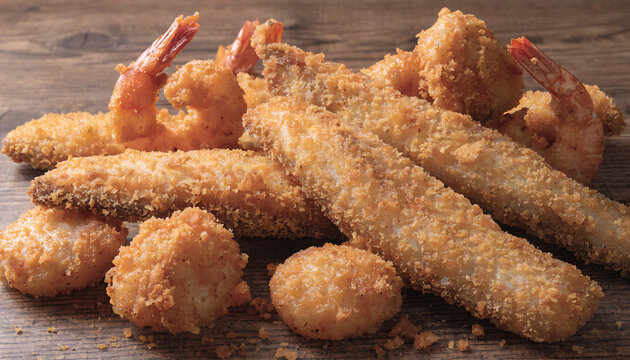 Jalea Peruvian Mixed Fried Seafood on Rustic Wooden Table