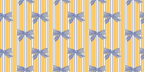 Italian courage ticking stripe seamless pattern with bows. Hand drawn blue ribbons. Yellow vertical lines. Doodle Mediterranean design for fabric and textile. La Dolce Vita design. Vector illustration