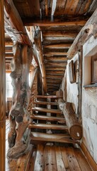 Stunning wooden staircase leads to upper levels of a charming rustic cabin with natural elements and cozy ambiance