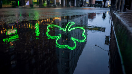 Reflection of green city lights on a rainy street during St. Patrick's Day celebration in an urban area at night