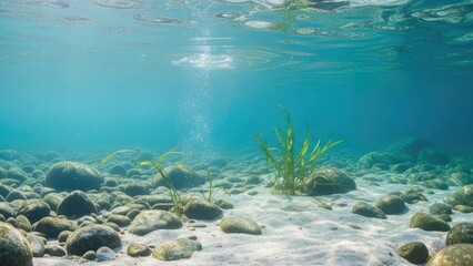 Serene underwater scene with rocks and seaweed in clear blue water
