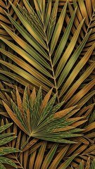 Vibrant tropical palm leaves in shades of green and gold
