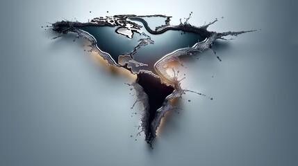 Flowing liquid metal wave forming world map silhouette representing global energy markets oil dynamics economic volatility and geopolitical influence, Generative AI