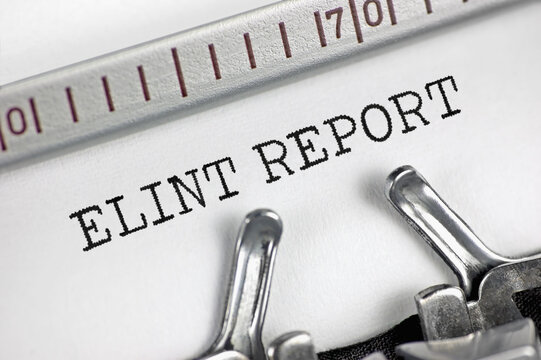 Electronic intelligence (acronym ELINT) report text macro closeup, typewriter typed radar systems investigation reporting document concept, tactical and technical analysis metaphor, horizontal retro