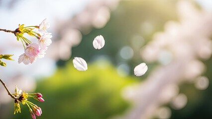 Soft pink cherry blossoms falling gently in spring