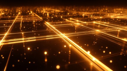 Abstract glowing lines and particles creating a digital landscape with a warm orange hue, ideal for technology and background designs in modern media