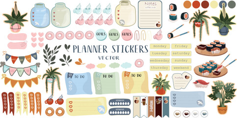 Planner Stickers Set with Coffee, Plants, Dates, and Sushi