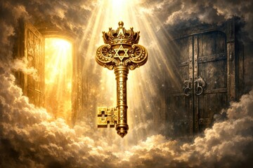 A golden key with a crown on top of it is shown in the sky