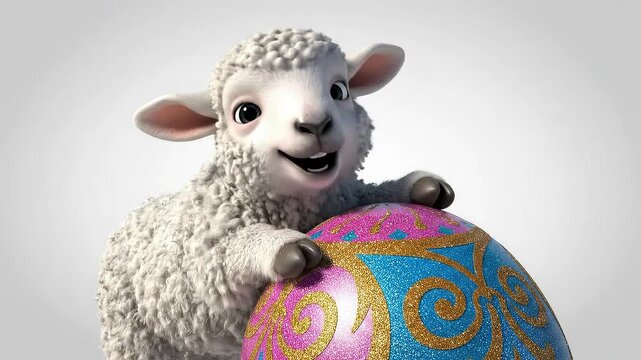 Adorable 3D Animated White Lamb Hugging a Large Ornate Decorated Easter Egg on a Clean Studio Background for Holiday Celebration
