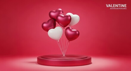 Valentines day heart balloons floating above a podium on a red background, celebrating love and romance