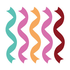 Five colorful hanging serpentine ribbons flutter gently against a pure.