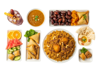ramadan mubarak eid feast: date nuts rice samosas naan fruit platter