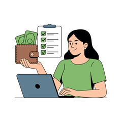 Woman holds cash wallet near a laptop with completed checklist on screen.