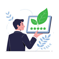 Businessman holds tablet showing five green stars rating environmental.