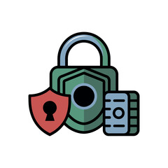 Large digital security padlock stands beside two protective shield icons.