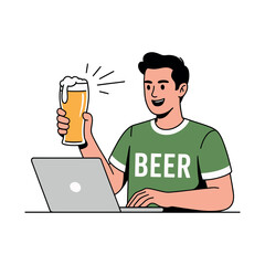 Man celebrates online work success by raising a frothy glass of beer.