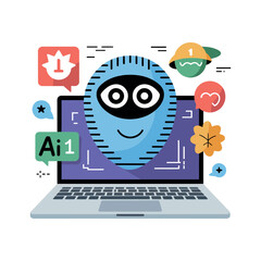 Artificial intelligence robot face displays on laptop surrounded by.