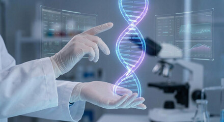 Genetic Research and Biotechnology Concept with Scientist Hands Touching Glowing DNA Hologram in Laboratory