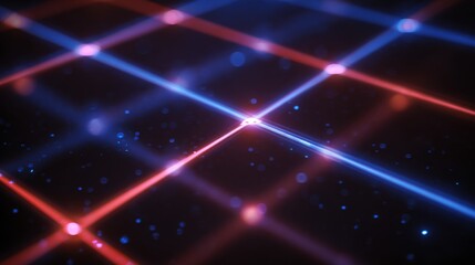 Obraz premium Abstract Futuristic Grid with Vibrant Neon Lights and Glowing Particles in a Dark Background for Technology and Digital Concepts