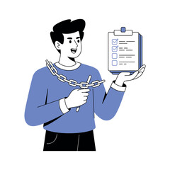 Man holds checklist while breaking free from heavy metaphorical.