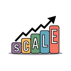 Bar chart illustrates business scale growth with upward trending arrow.