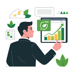 Businessman analyzes growth chart indicating improved environmental social.