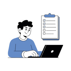 Businessman reviews task list while typing on a modern laptop computer.