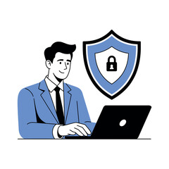 Businessman works diligently on a computer next to a large digital.