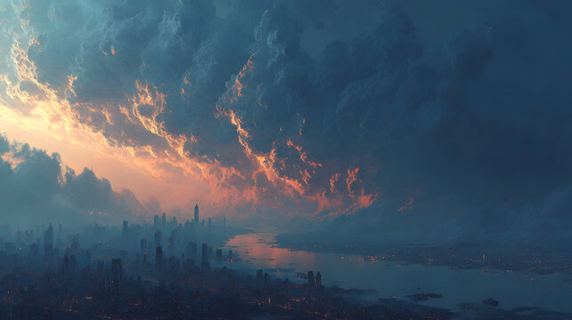 Gigantic tsunami is approaching the city, flashover city cataclysm landscape panorama
