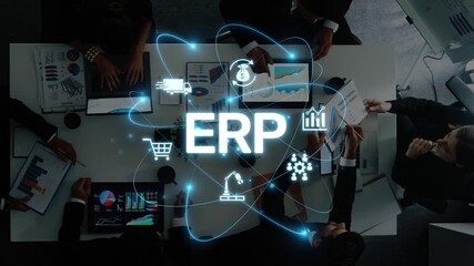 A vibrant business meeting showcasing professionals discussing ERP solutions with dynamic data visualizations, highlighting teamwork and innovation in a modern office setting. Raster - Powered by Adobe