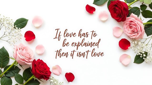 Beautiful red and pink roses with delicate babys breath and scattered petals framing romantic text