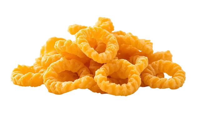 A pile of curly cheese puffs on transparent background