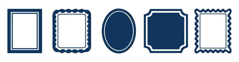 Set of Five Navy Blue Decorative Picture Frames on White Background