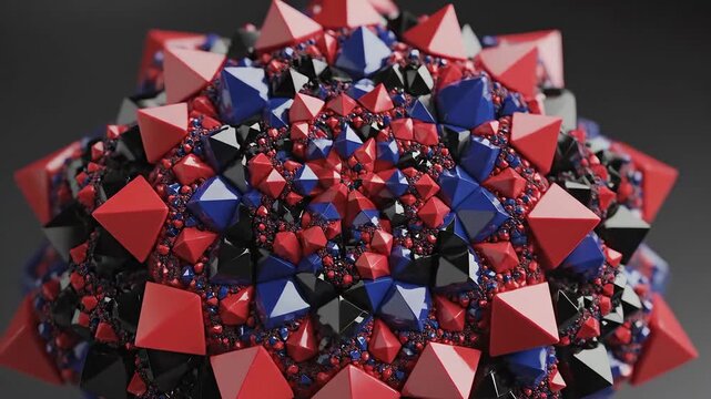 Abstract 3D Geometric Shapes in Red and Blue Creating a Complex Pattern.