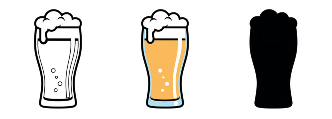 Pints of beer with foam head shown in line art, full color with golden lager, and solid black silhouette. Perfect for bar and brewery themes.