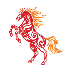 Artistic tribal-style rearing horse illustration in red and orange gradients with decorative flame patterns and a swirling mane and tail. © Liub
