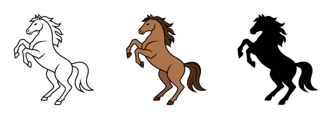 Three versions of a rearing horse logo in outline, brown color, and black silhouette, featuring a dynamic mane on a white background. © Liub